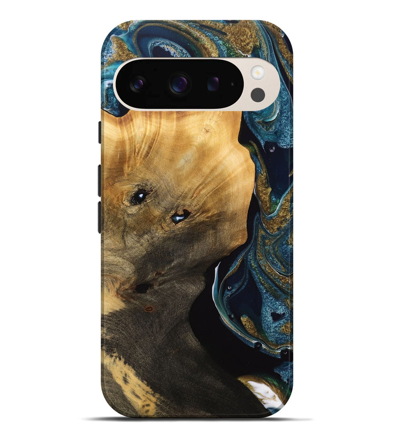 Pixel 9 Pro XL Wood Live Edge Phone Case - Tommie (Teal & Gold, 733048)