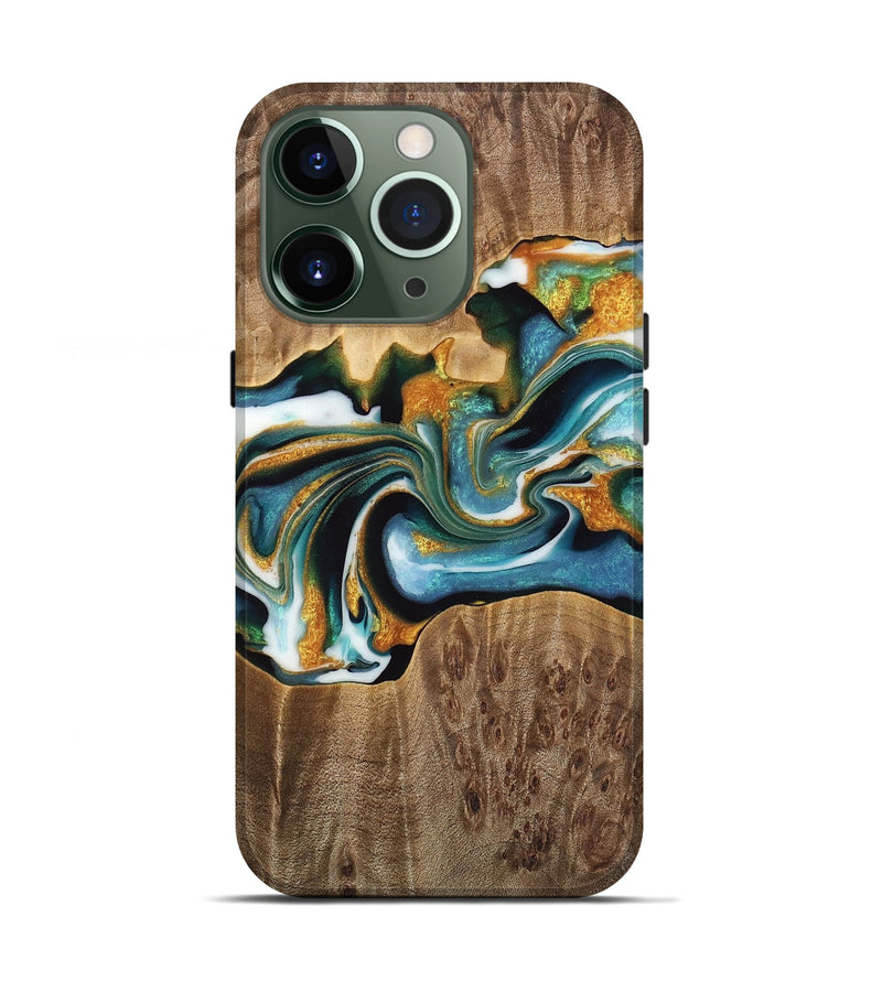 iPhone 13 Pro Wood Live Edge Phone Case - Kenya (Teal & Gold, 733050)