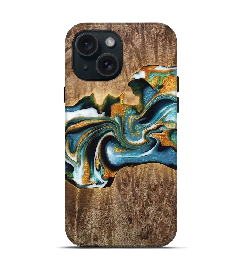 iPhone 15 Wood Live Edge Phone Case - Kenya (Teal & Gold, 733050)