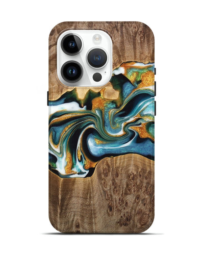 iPhone 15 Pro Wood Live Edge Phone Case - Kenya (Teal & Gold, 733050)