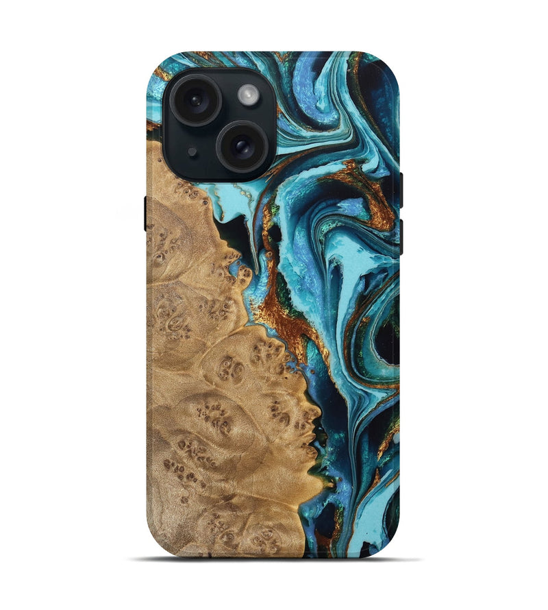 iPhone 15 Wood Live Edge Phone Case - Sanja (Teal & Gold, 733067)