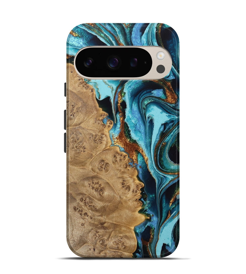 Pixel 9 Wood Live Edge Phone Case - Sanja (Teal & Gold, 733067)