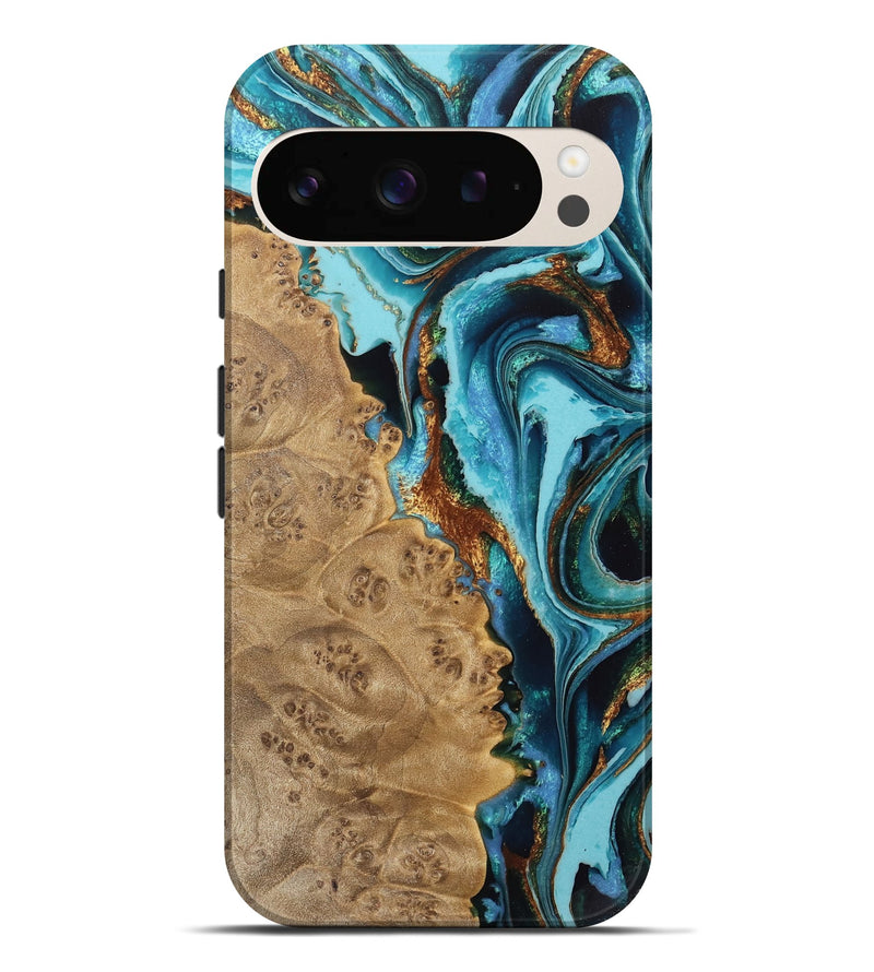 Pixel 9 Pro XL Wood Live Edge Phone Case - Sanja (Teal & Gold, 733067)