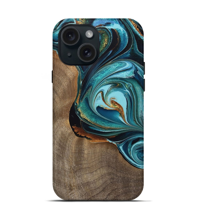 iPhone 15 Wood Live Edge Phone Case - Rani (Teal & Gold, 733075)