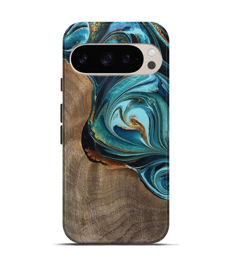 Pixel 9 Wood Live Edge Phone Case - Rani (Teal & Gold, 733075)