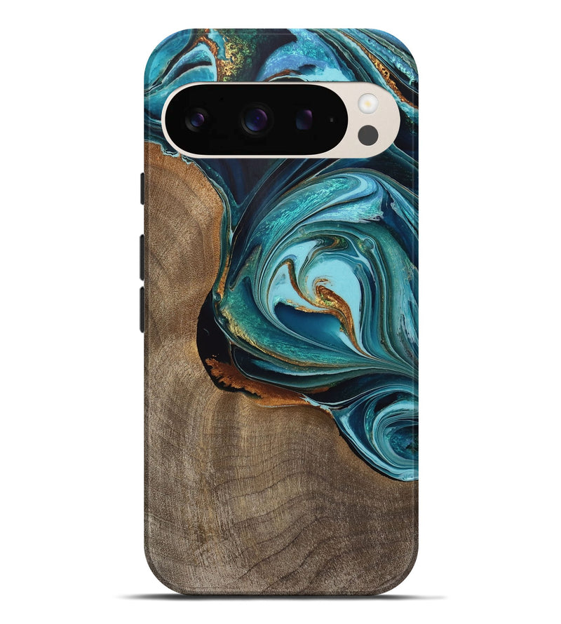 Pixel 9 Pro XL Wood Live Edge Phone Case - Rani (Teal & Gold, 733075)