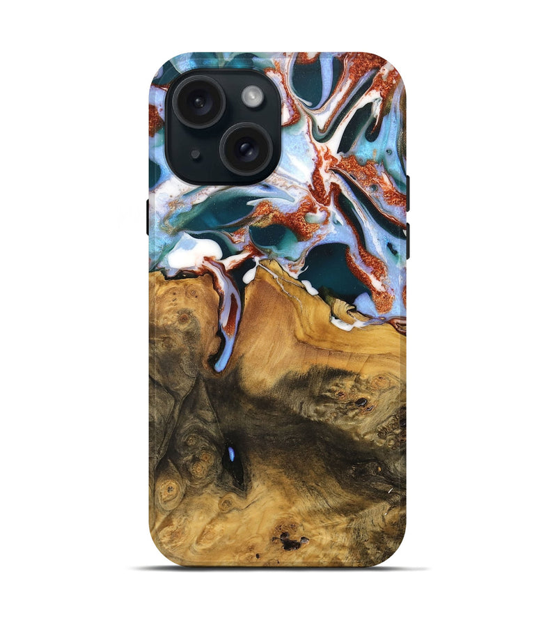 iPhone 15 Wood Live Edge Phone Case - Amrik (Teal & Gold, 733083)