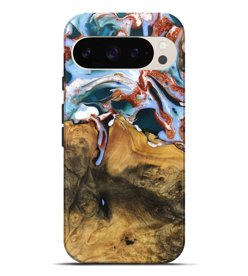 Pixel 9 Pro XL Wood Live Edge Phone Case - Amrik (Teal & Gold, 733083)