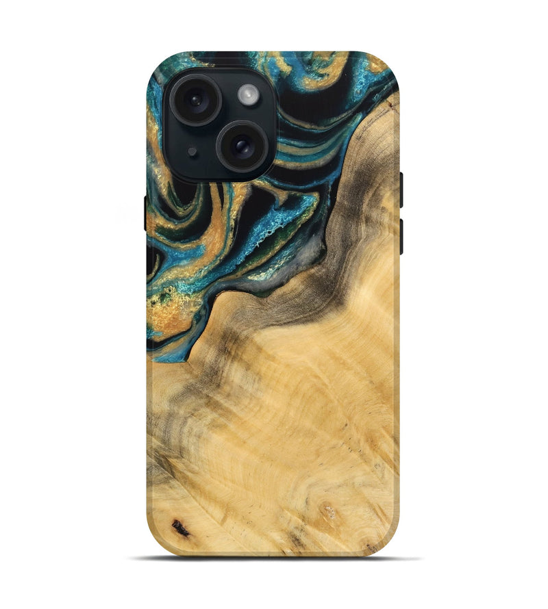 iPhone 15 Wood Live Edge Phone Case - Miranda (Teal & Gold, 733087)