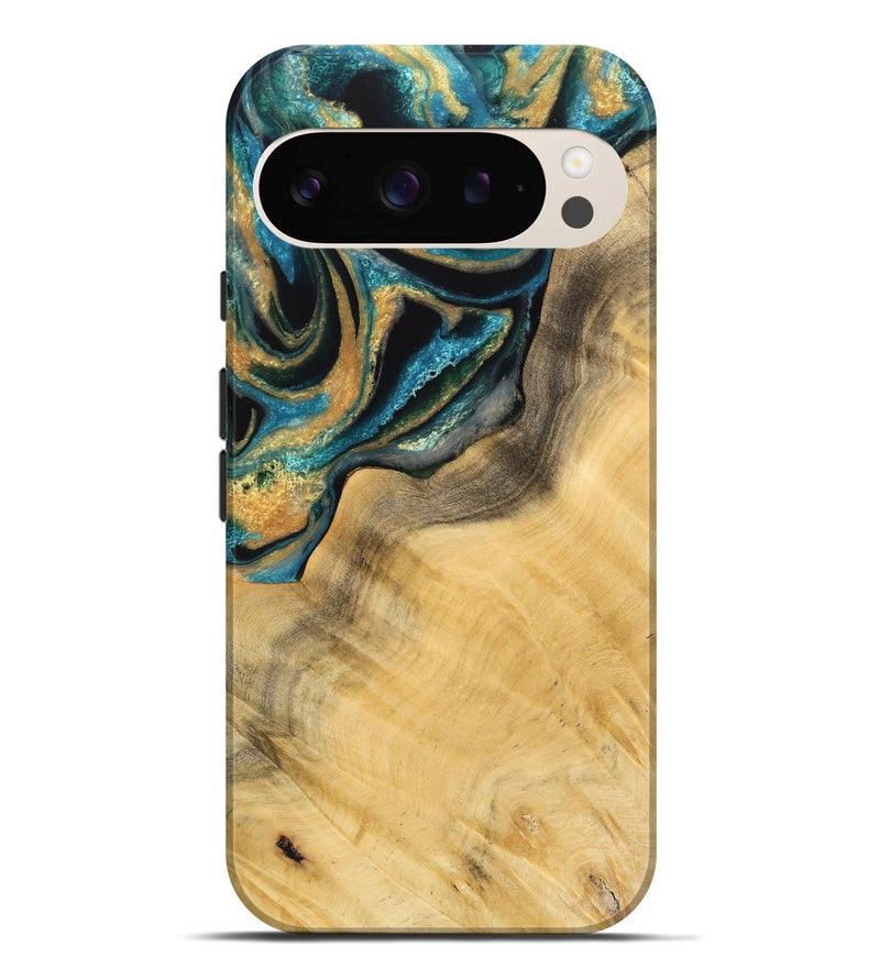 Pixel 9 Pro XL Wood Live Edge Phone Case - Miranda (Teal & Gold, 733087)