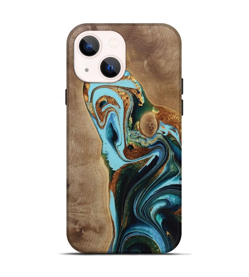 iPhone 14 Wood Live Edge Phone Case - Livvy (Teal & Gold, 733089)