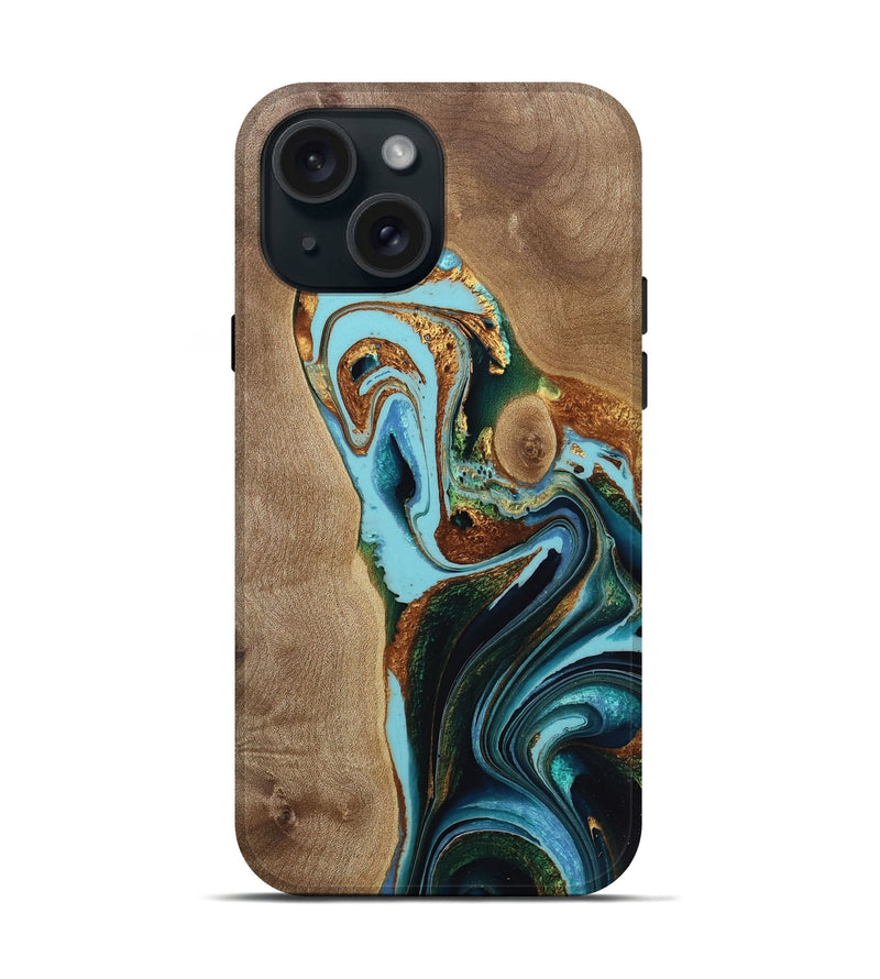 iPhone 15 Wood Live Edge Phone Case - Livvy (Teal & Gold, 733089)