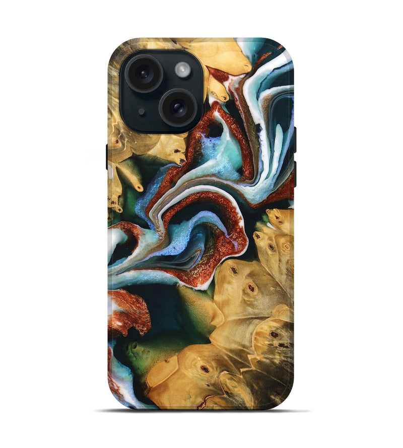 iPhone 15 Wood Live Edge Phone Case - Frida (Teal & Gold, 733091)