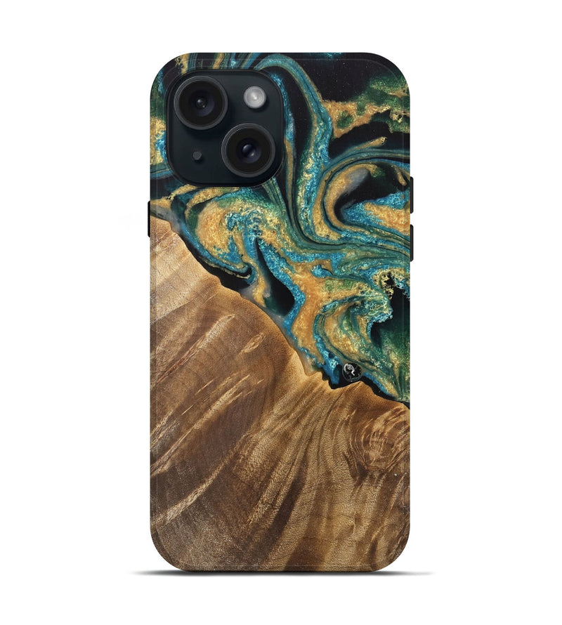 iPhone 15 Wood Live Edge Phone Case - Tandie (Teal & Gold, 733092)