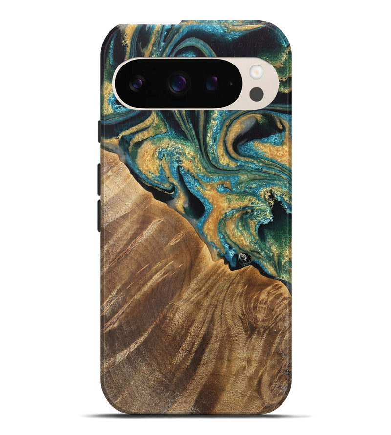 Pixel 9 Pro XL Wood Live Edge Phone Case - Tandie (Teal & Gold, 733092)