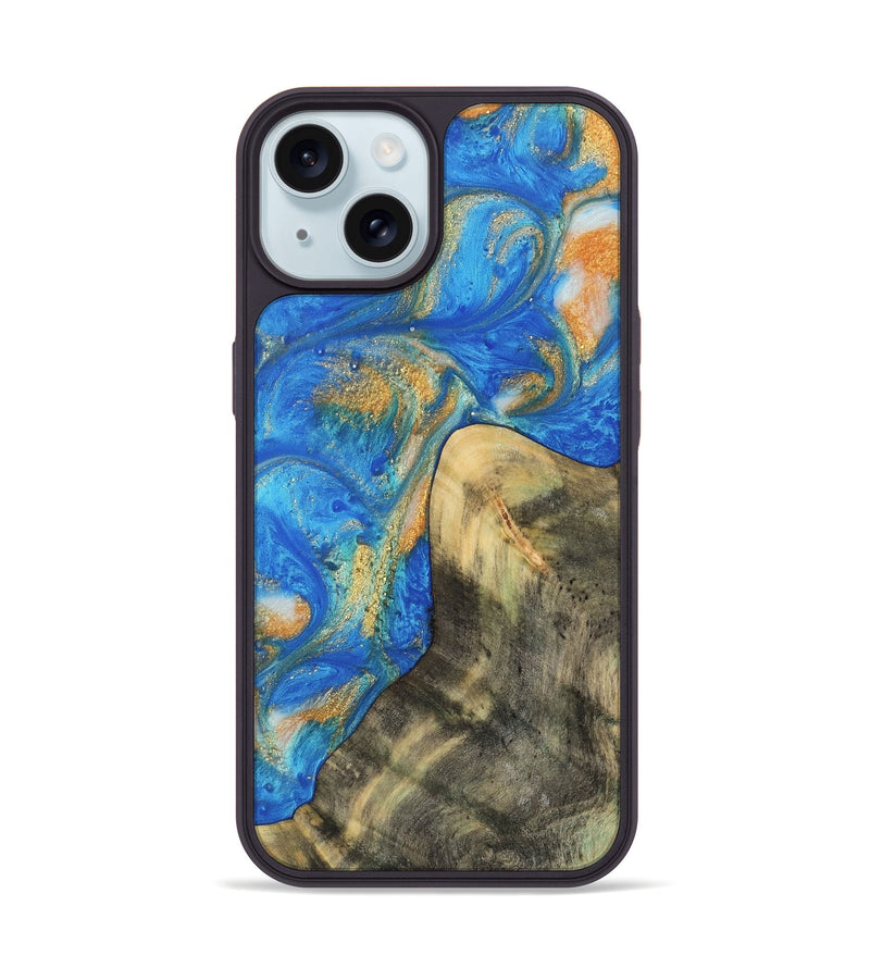 iPhone 15 Wood Phone Case - Winonah (Teal & Gold, 733103)