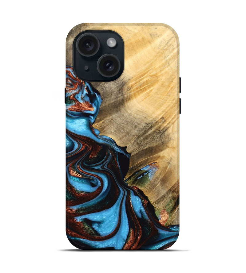 iPhone 15 Wood Live Edge Phone Case - Harve (Teal & Gold, 733395)