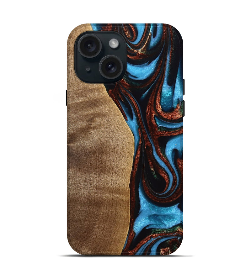 iPhone 15 Wood Live Edge Phone Case - Jerrine (Teal & Gold, 733396)