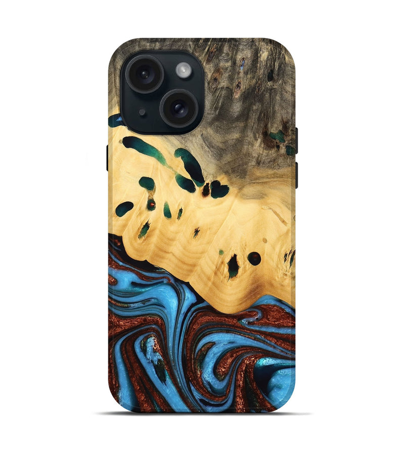 iPhone 15 Wood Live Edge Phone Case - Lillien (Teal & Gold, 733404)