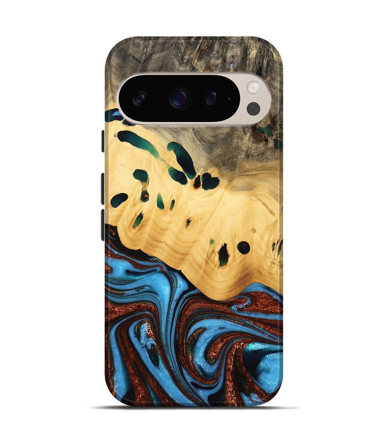 Pixel 9 Wood Live Edge Phone Case - Lillien (Teal & Gold, 733404)