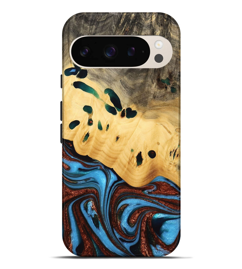 Pixel 9 Pro XL Wood Live Edge Phone Case - Lillien (Teal & Gold, 733404)