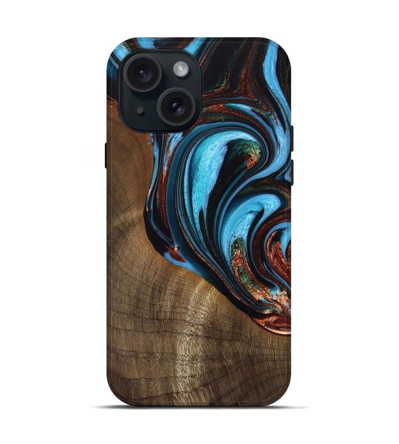 iPhone 15 Wood Live Edge Phone Case - Squire (Teal & Gold, 733409)