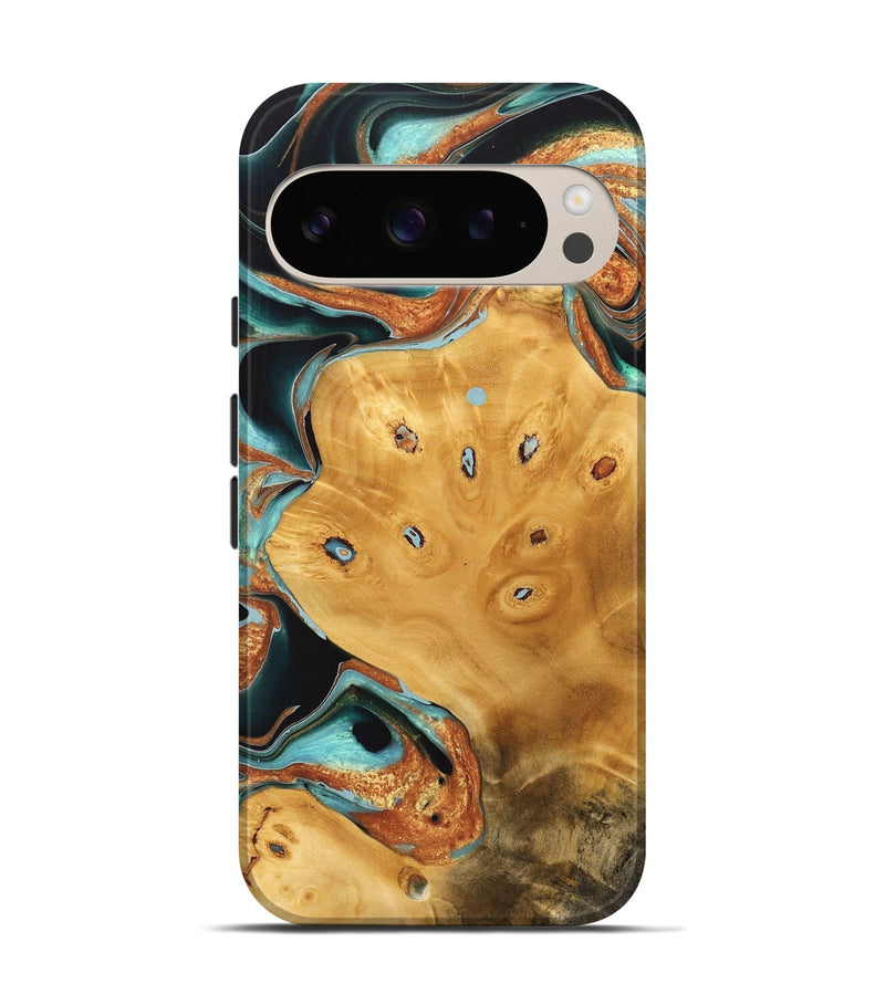 Pixel 9 Wood Live Edge Phone Case - Malynda (Teal & Gold, 733414)