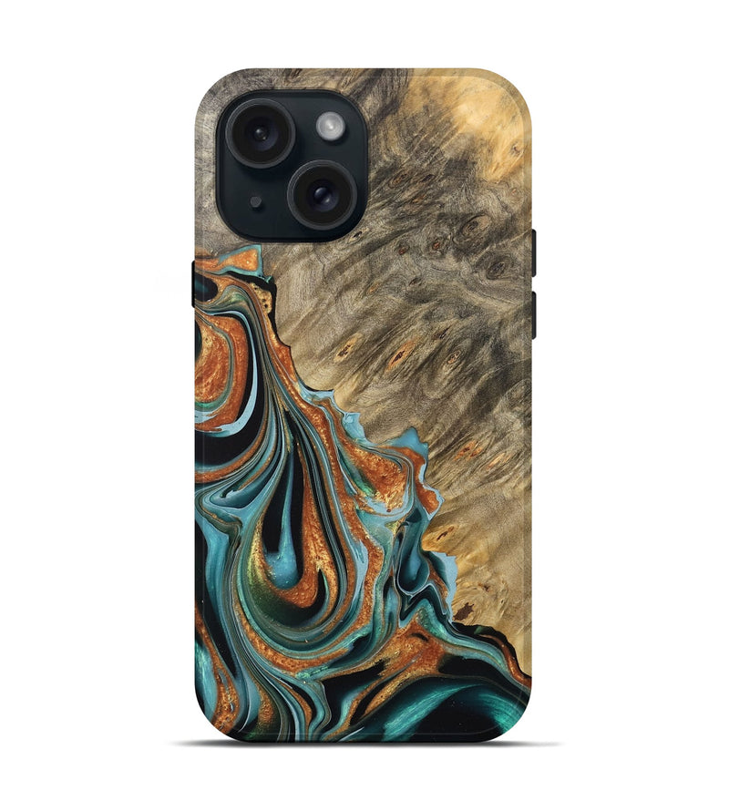 iPhone 15 Wood Live Edge Phone Case - Oral (Teal & Gold, 733417)