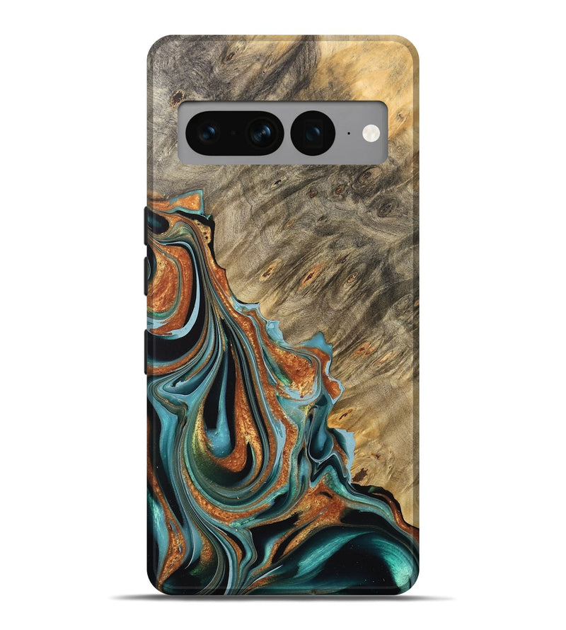 Pixel 7 Pro Wood Live Edge Phone Case - Oral (Teal & Gold, 733417)