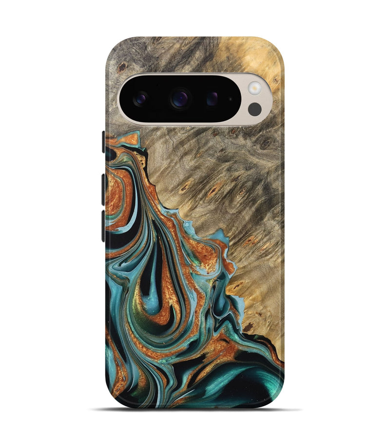 Pixel 9 Wood Live Edge Phone Case - Oral (Teal & Gold, 733417)