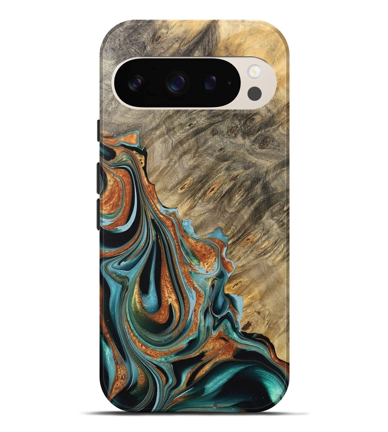 Pixel 9 Pro XL Wood Live Edge Phone Case - Oral (Teal & Gold, 733417)