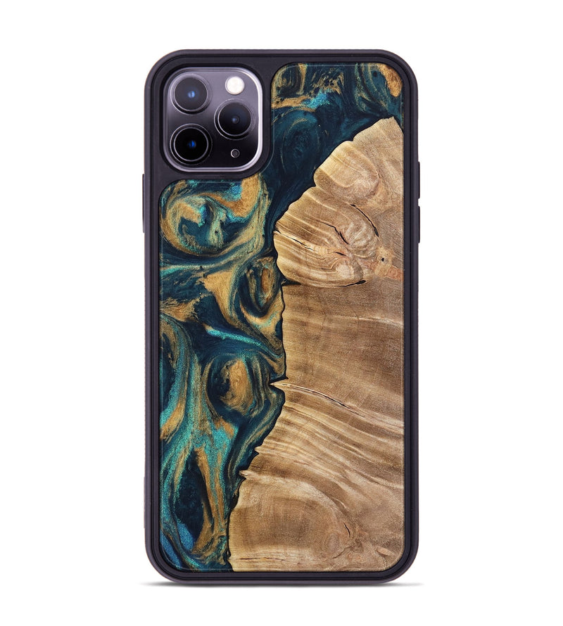 iPhone 11 Pro Max Wood Phone Case - Myrtia (Teal & Gold, 733433)