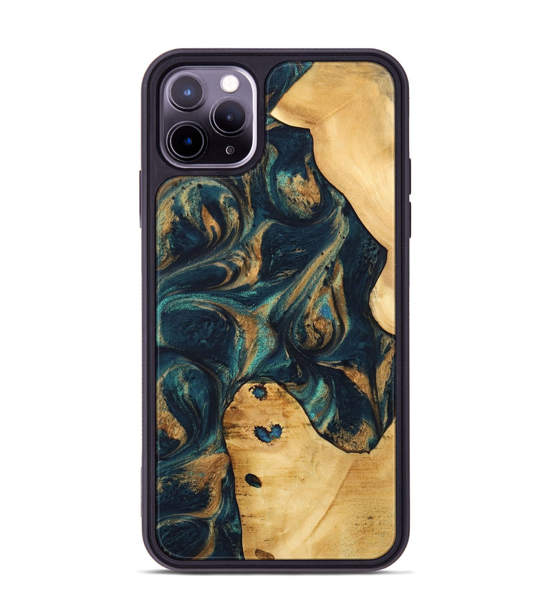 iPhone 11 Pro Max Wood Phone Case - Lily (Teal & Gold, 733446)