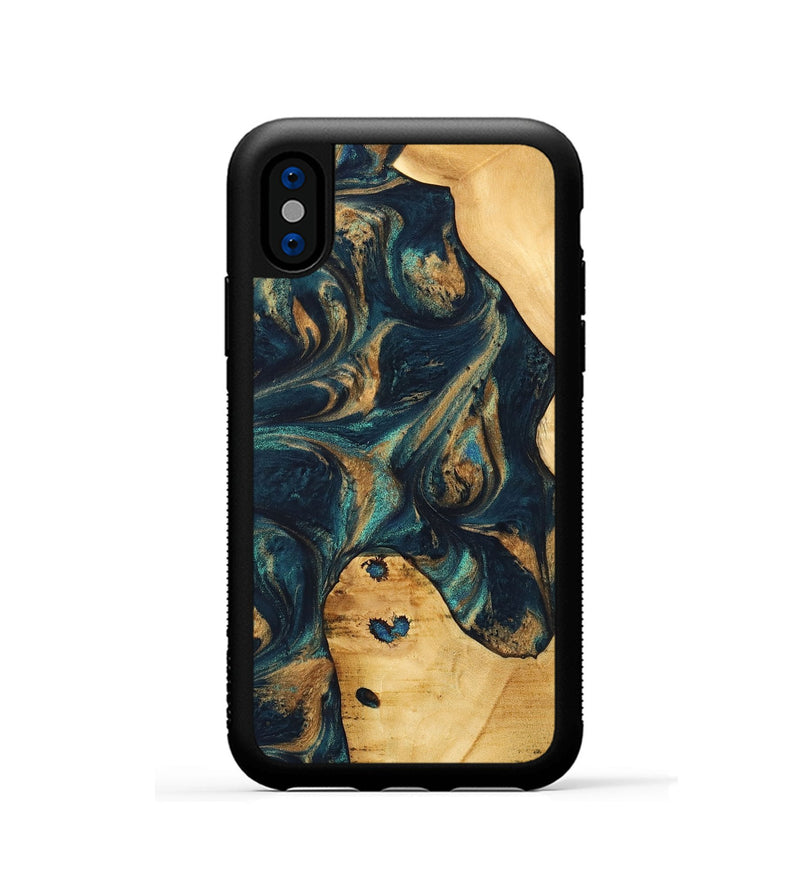 iPhone Xs Wood Phone Case - Lily (Teal & Gold, 733446)