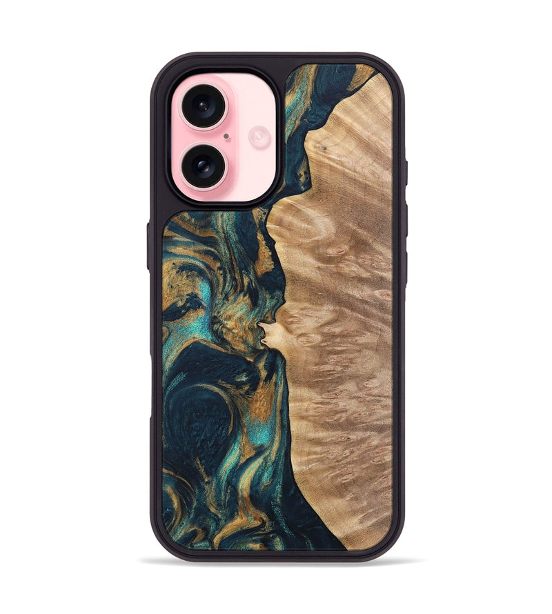 iPhone 16 Wood Phone Case - Diane (Teal & Gold, 733485)