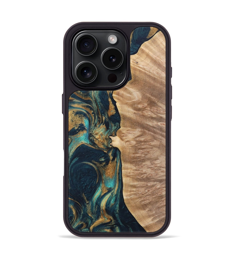 iPhone 16 Pro Wood Phone Case - Diane (Teal & Gold, 733485)