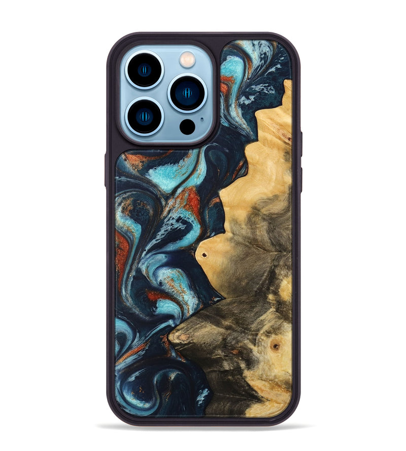 iPhone 14 Pro Max Wood Phone Case - Pamala (Teal & Gold, 733766)