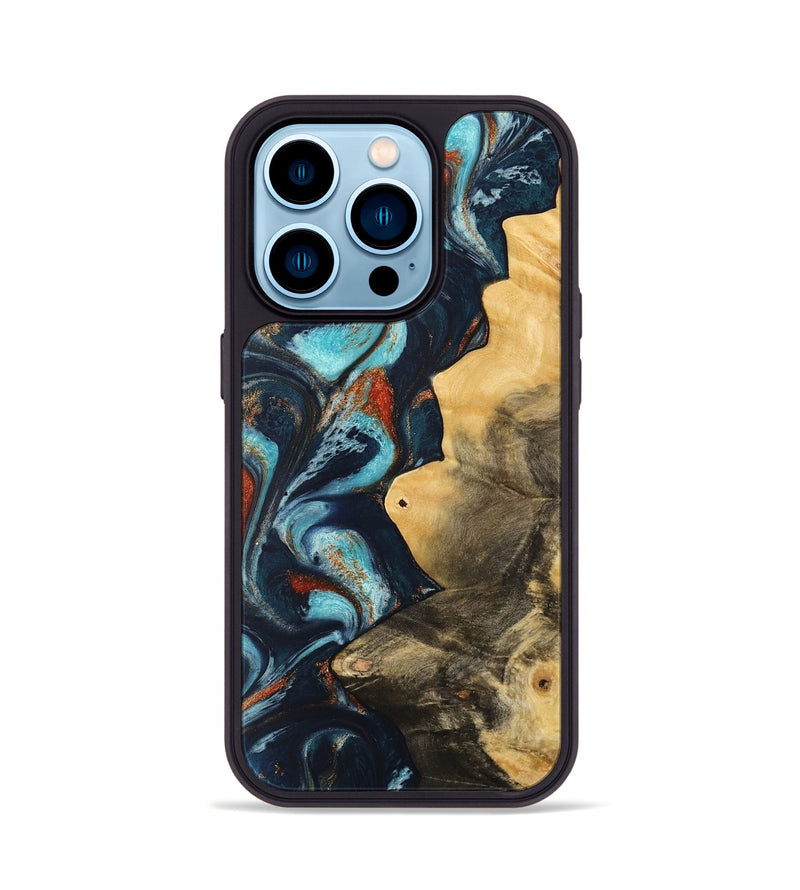 iPhone 14 Pro Wood Phone Case - Pamala (Teal & Gold, 733766)