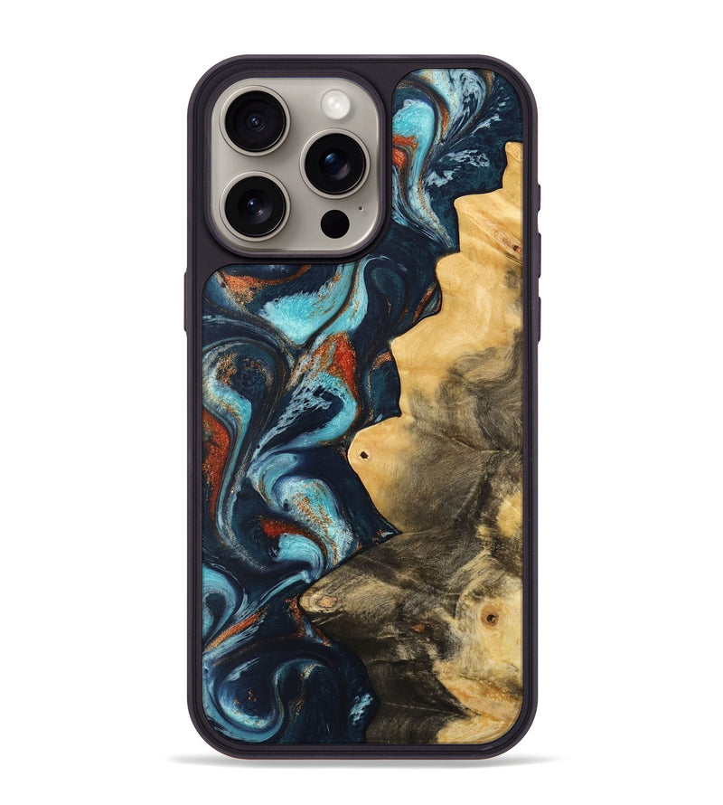 iPhone 15 Pro Max Wood Phone Case - Pamala (Teal & Gold, 733766)