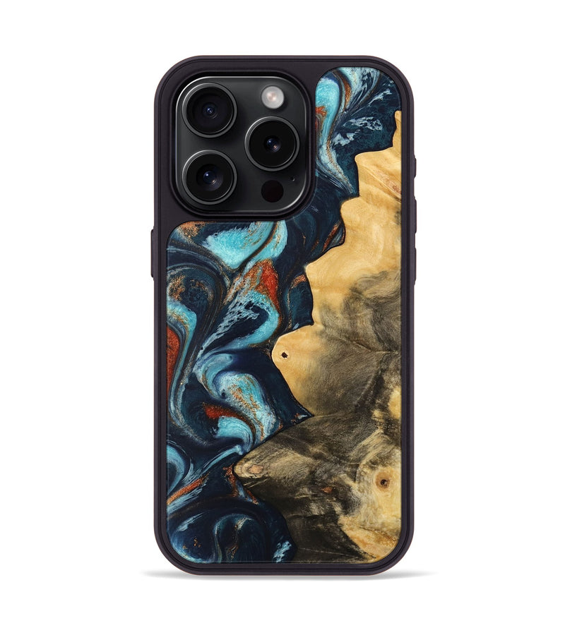 iPhone 15 Pro Wood Phone Case - Pamala (Teal & Gold, 733766)