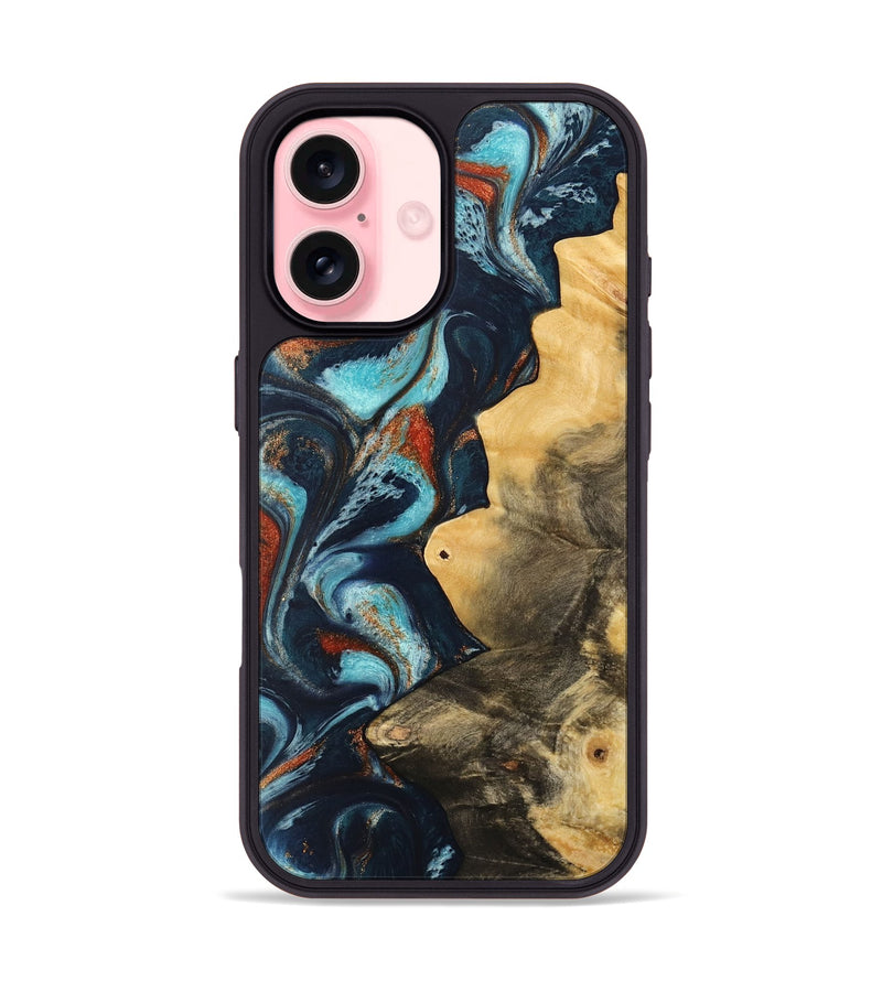 iPhone 16 Wood Phone Case - Pamala (Teal & Gold, 733766)