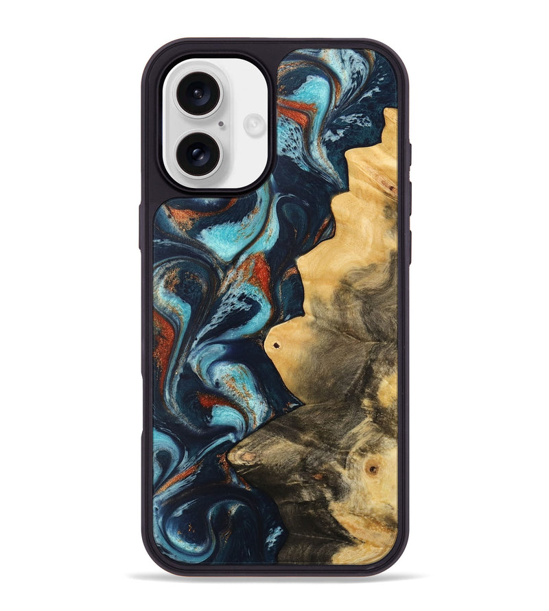 iPhone 16 Plus Wood Phone Case - Pamala (Teal & Gold, 733766)