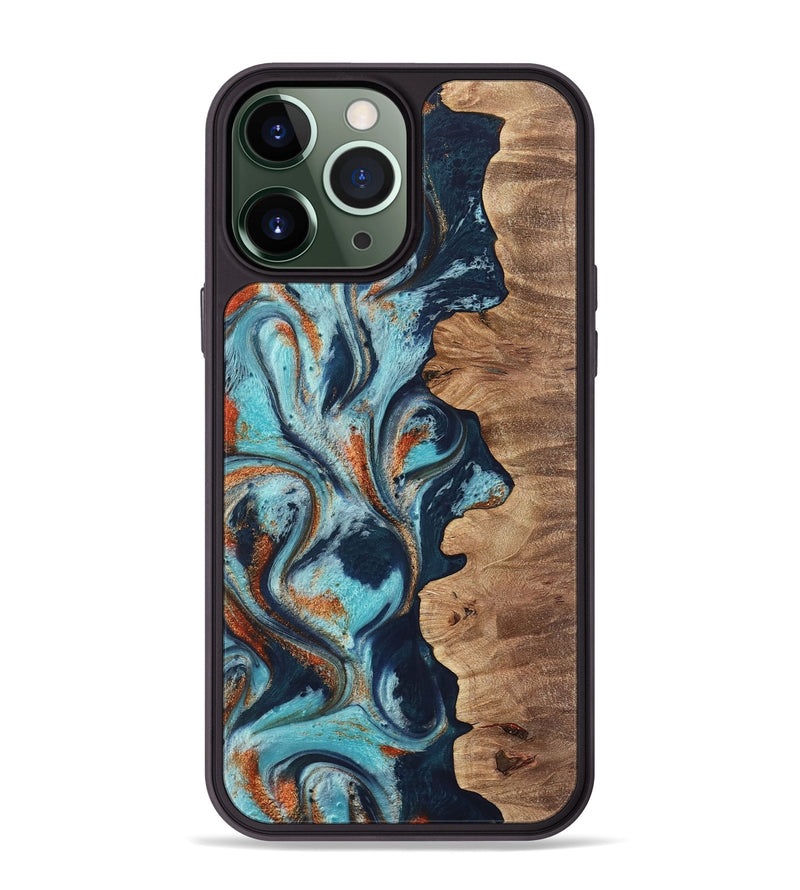 iPhone 13 Pro Max Wood Phone Case - Sydelle (Teal & Gold, 733795)