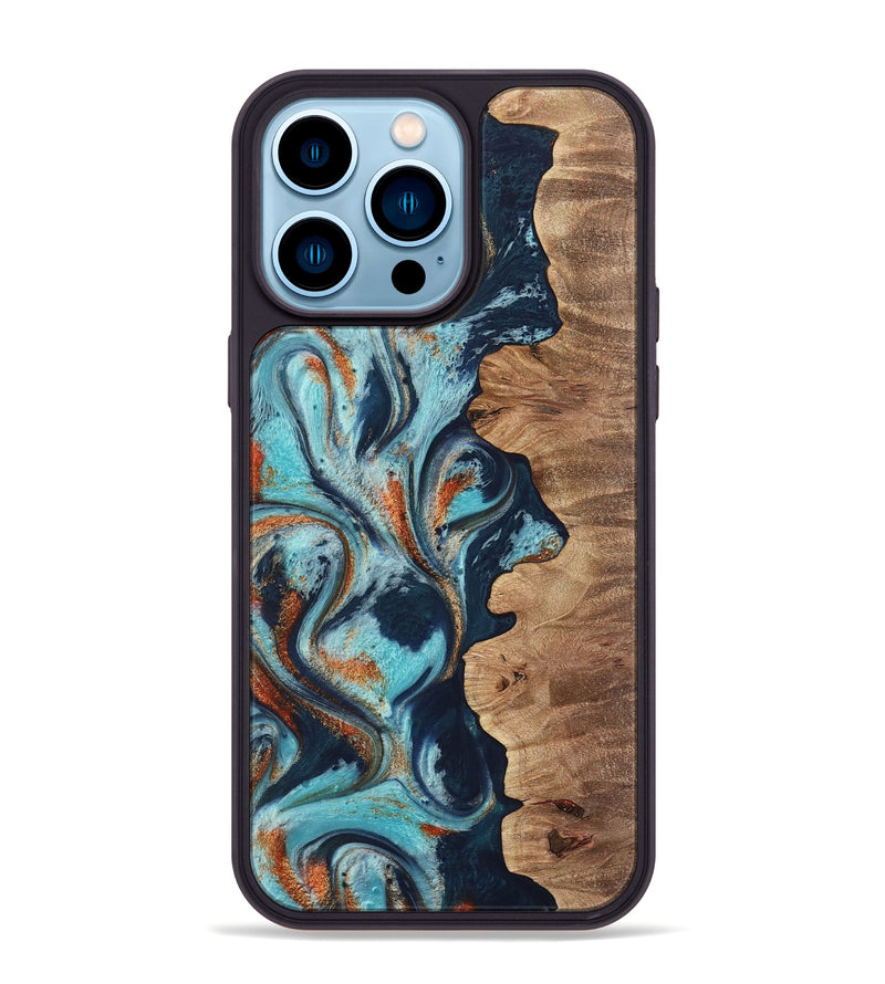 iPhone 14 Pro Max Wood Phone Case - Sydelle (Teal & Gold, 733795)