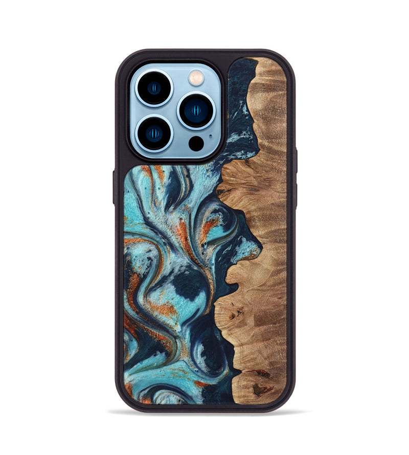 iPhone 14 Pro Wood Phone Case - Sydelle (Teal & Gold, 733795)