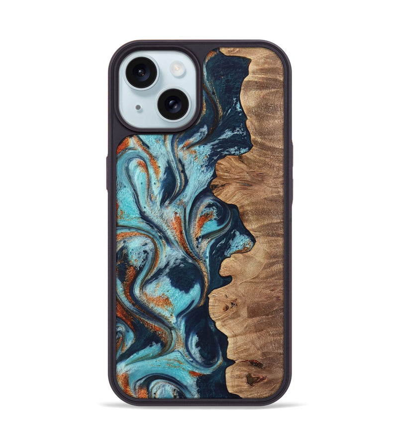 iPhone 15 Wood Phone Case - Sydelle (Teal & Gold, 733795)