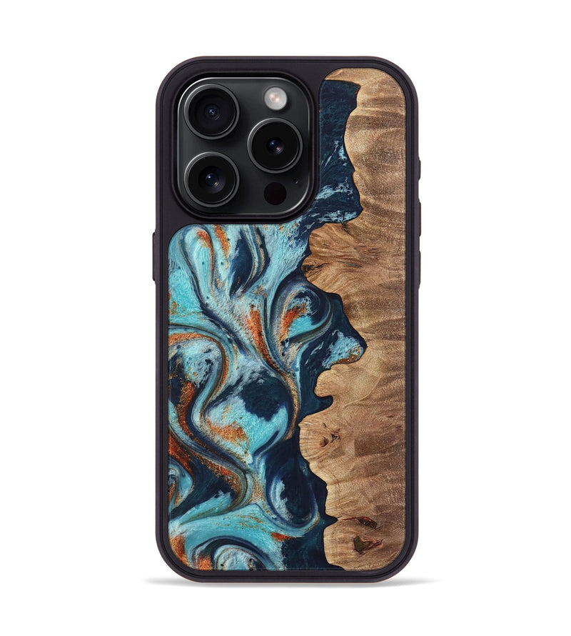 iPhone 15 Pro Wood Phone Case - Sydelle (Teal & Gold, 733795)