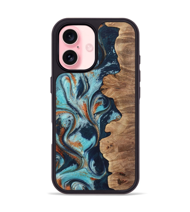 iPhone 16 Wood Phone Case - Sydelle (Teal & Gold, 733795)