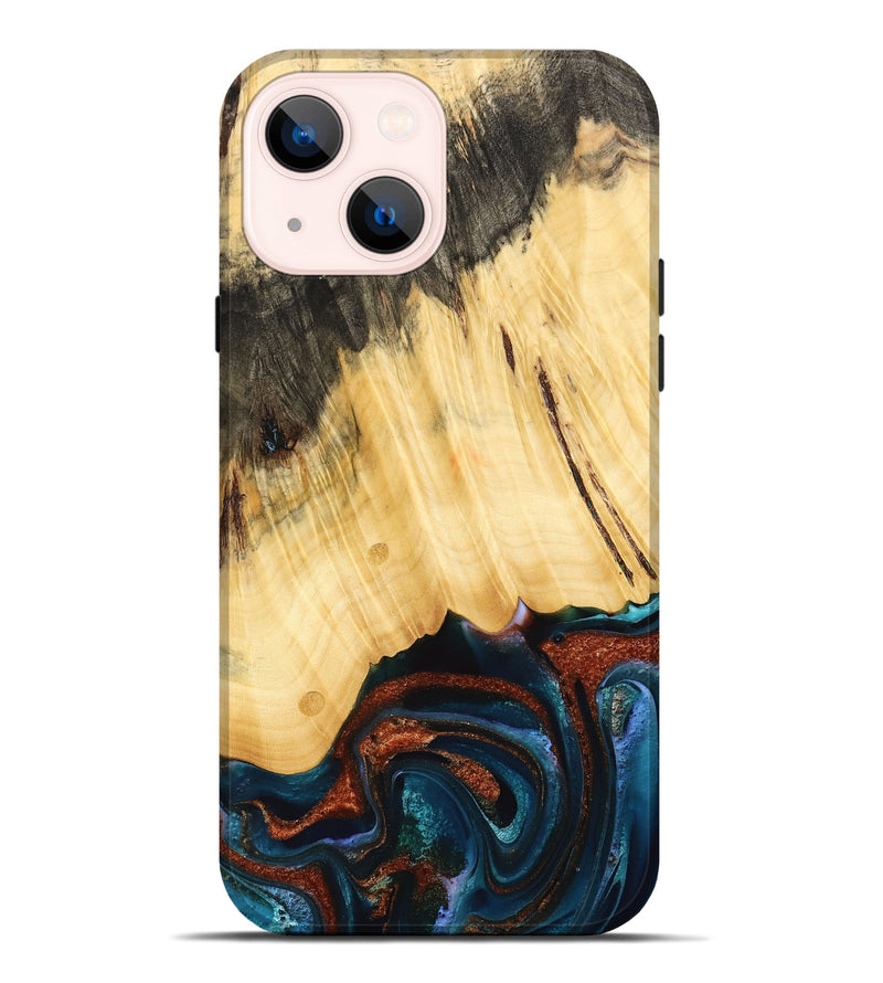 iPhone 14 Plus Wood Live Edge Phone Case - Pratt (Teal & Gold, 733817)