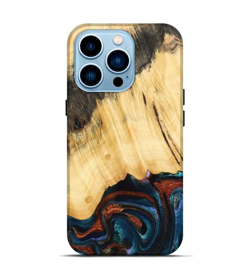 iPhone 14 Pro Wood Live Edge Phone Case - Pratt (Teal & Gold, 733817)